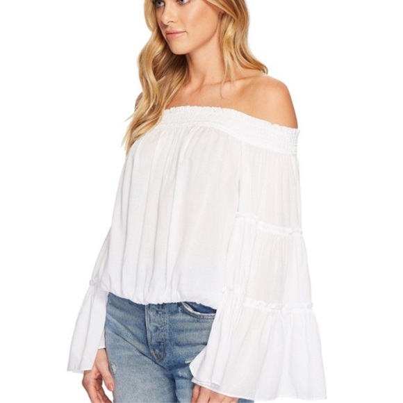 Free People Free Spirit White Flare Bell Sleeve Crop Peasant off shoulder Top S - Picture 1 of 6